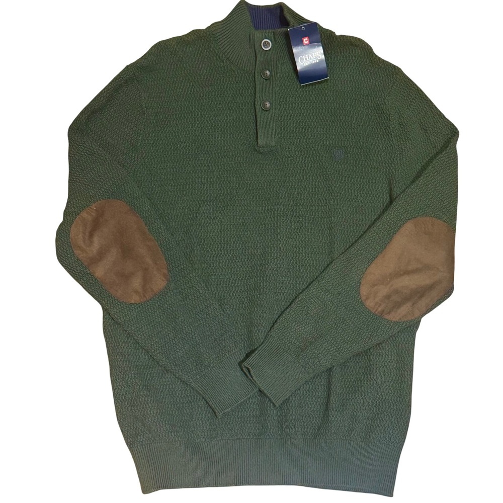 Chaps Mens Large L/G Mock Neck Button Sweater Green Textured Suede Elbow Patches